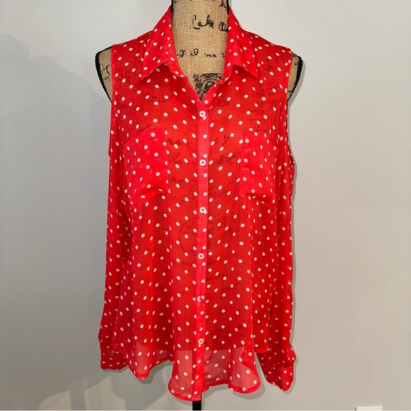 Bongo Red Orange Polka Dot Sheer Cold Shoulder Long Sleeve Button-Up Blouse Top - Picture 1 of 7